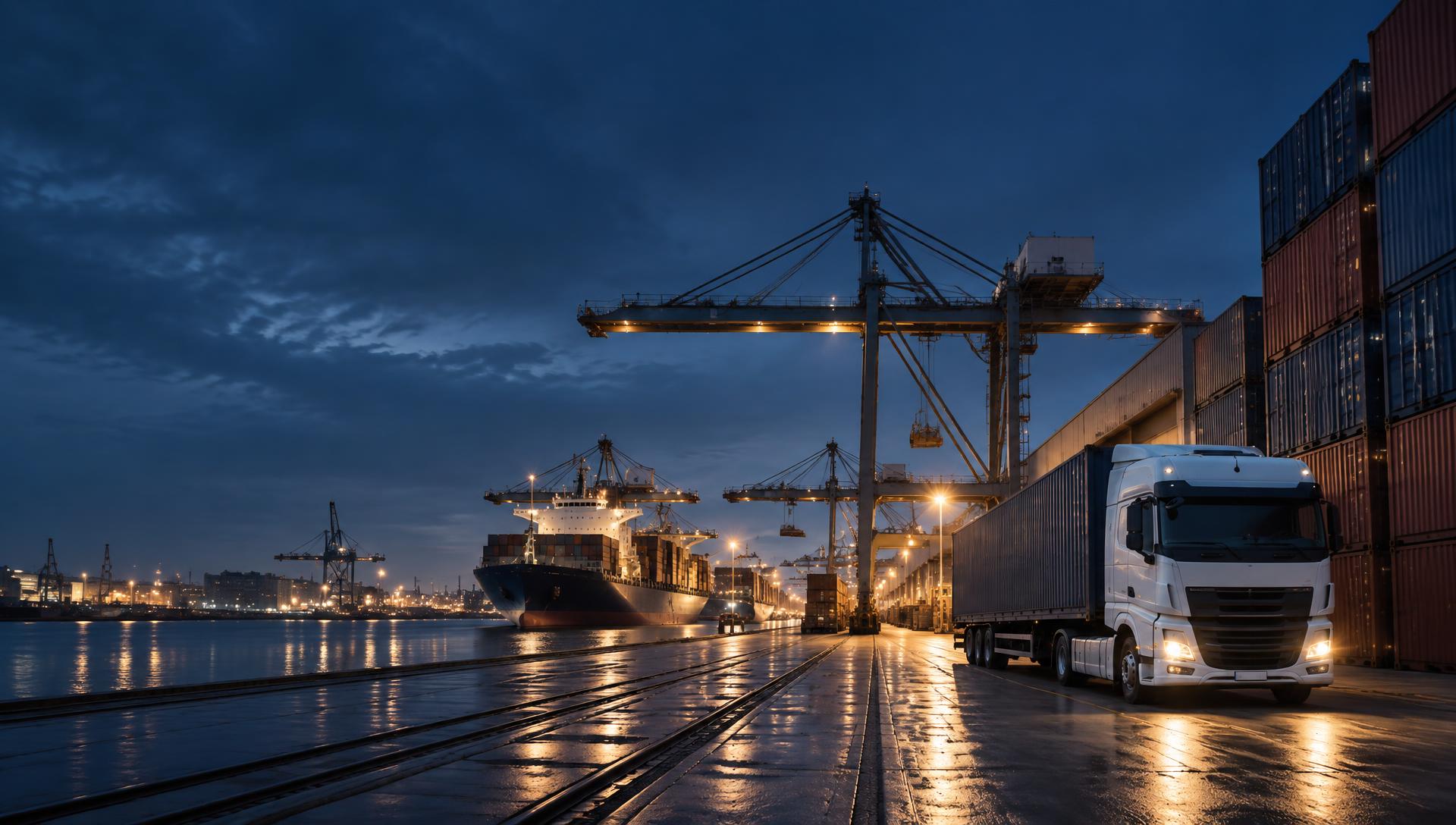 Internationaler Hafen mit Frachtschiff und Lkw bei Nacht